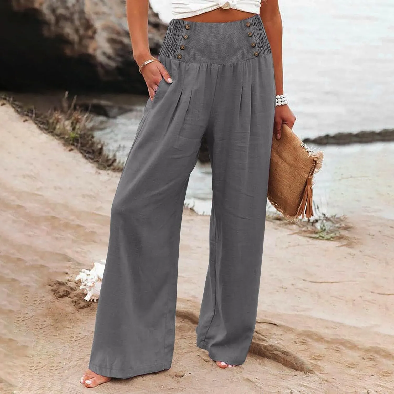 Linen Pants Women Comfy Flowy Wide Leg Pants Trousers Summer High Waisted Beach Palazzo Pants with Pockets 2025