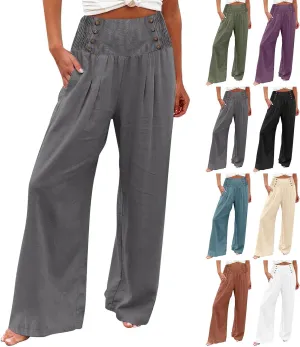 Linen Pants Women Comfy Flowy Wide Leg Pants Trousers Summer High Waisted Beach Palazzo Pants with Pockets 2025