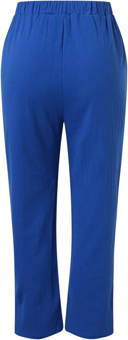 Linen Pants Women Summer Wide Leg Casual Summer High Waisted Lightweight Lounge Slacks Beach Baggy Loose Trousers