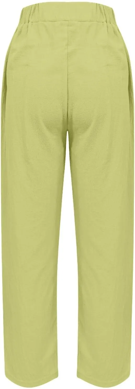 Linen Pants Women's Summer High Elastic Waist Drawstring Palazzo Pants Straight Leg Gauze Slacks Clothes with Pockets