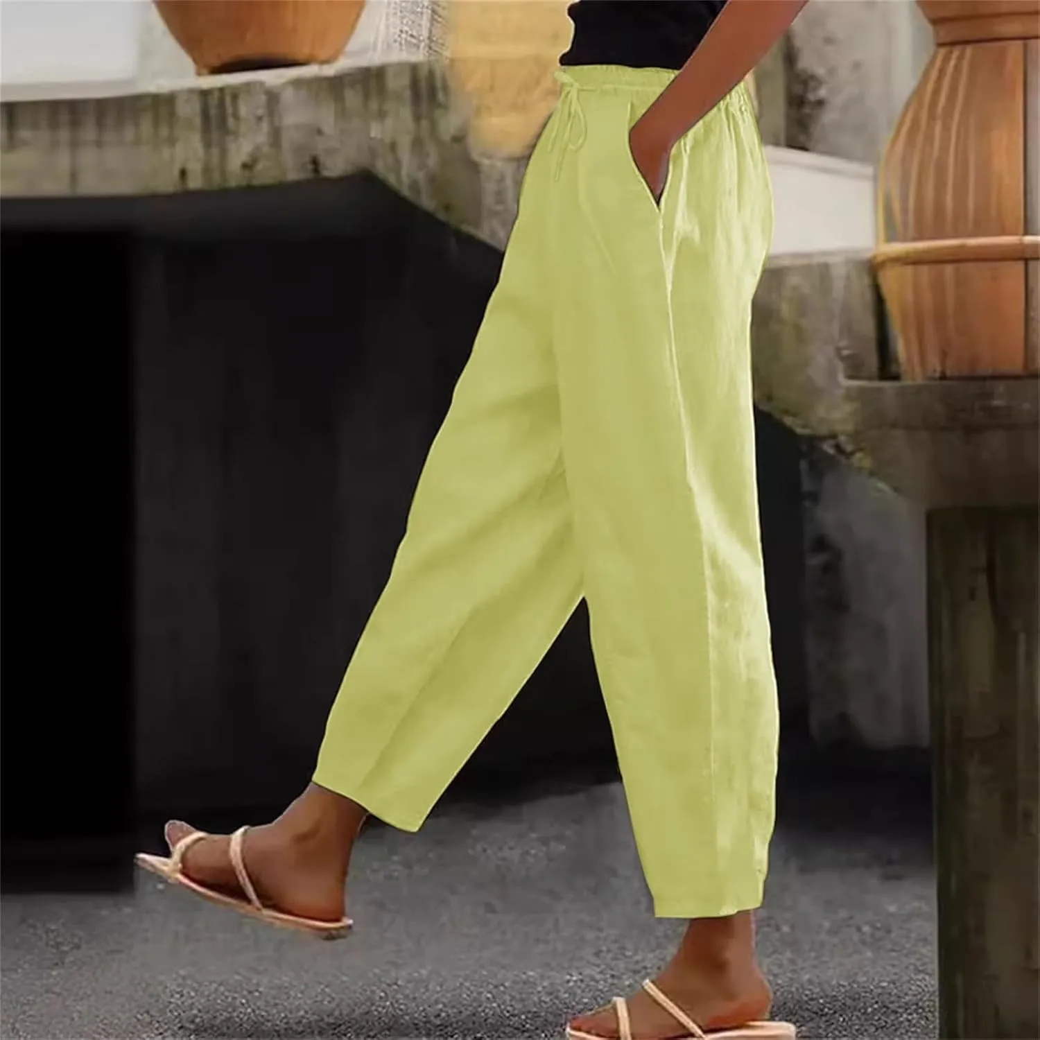 Linen Pants Women's Summer High Elastic Waist Drawstring Palazzo Pants Straight Leg Gauze Slacks Clothes with Pockets