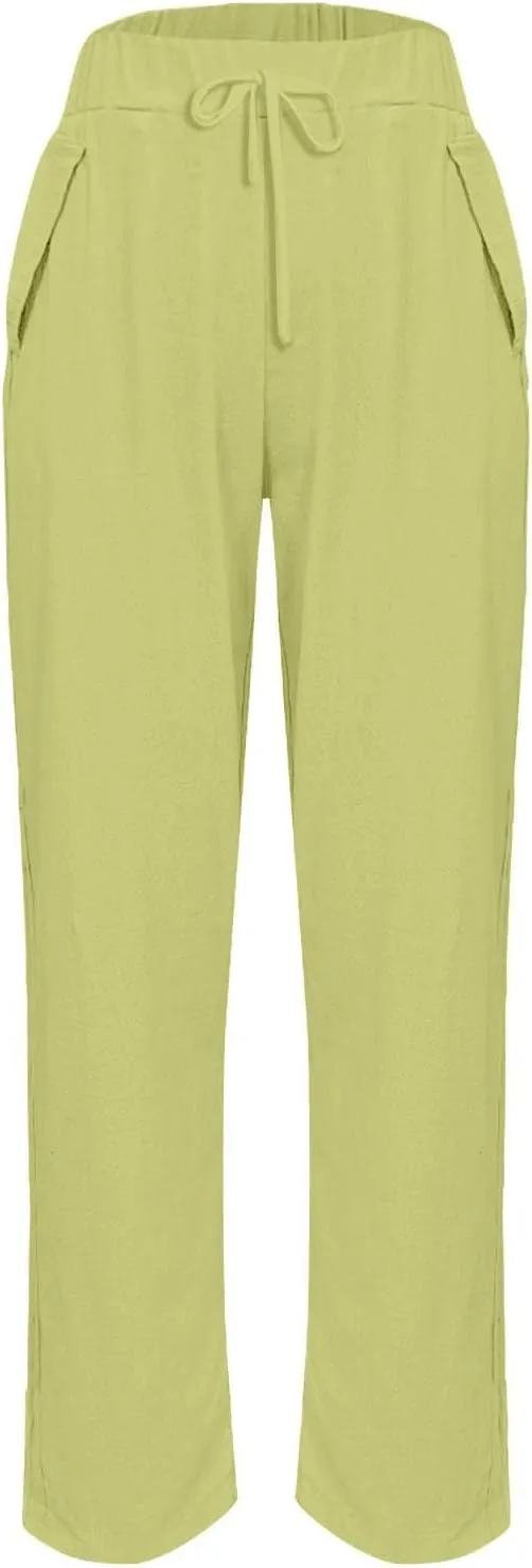Linen Pants Women's Summer High Elastic Waist Drawstring Palazzo Pants Straight Leg Gauze Slacks Clothes with Pockets