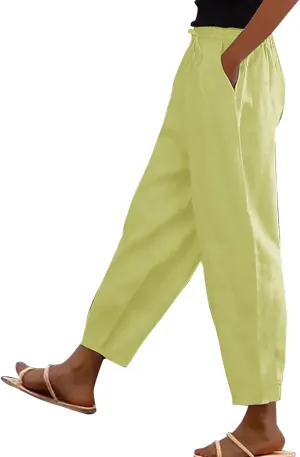 Linen Pants Women's Summer High Elastic Waist Drawstring Palazzo Pants Straight Leg Gauze Slacks Clothes with Pockets