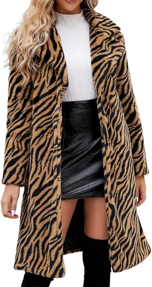 Lmdudan 2023 Winter Faux Fur Coat for Women Leopard Print Fleece Long Jacket Retro Lapel Warm Overcoat Plus Size Trench Coats