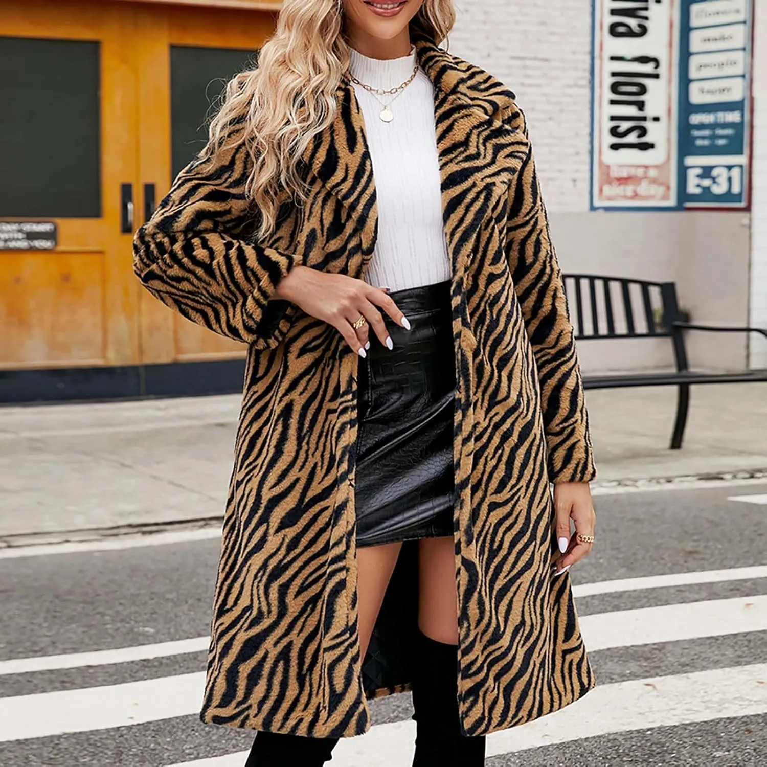 Lmdudan 2023 Winter Faux Fur Coat for Women Leopard Print Fleece Long Jacket Retro Lapel Warm Overcoat Plus Size Trench Coats