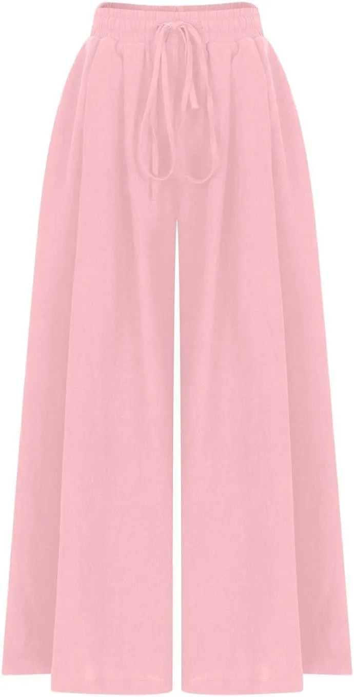 Lmdudan 2025 Wide Leg Work Pants for Women Drawstring Waist Travel Pants with Pockets Casual Lightweight Trousers Pants