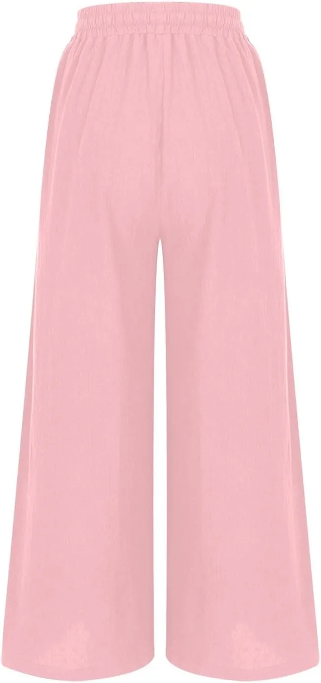 Lmdudan 2025 Wide Leg Work Pants for Women Drawstring Waist Travel Pants with Pockets Casual Lightweight Trousers Pants