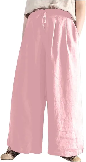 Lmdudan 2025 Wide Leg Work Pants for Women Drawstring Waist Travel Pants with Pockets Casual Lightweight Trousers Pants