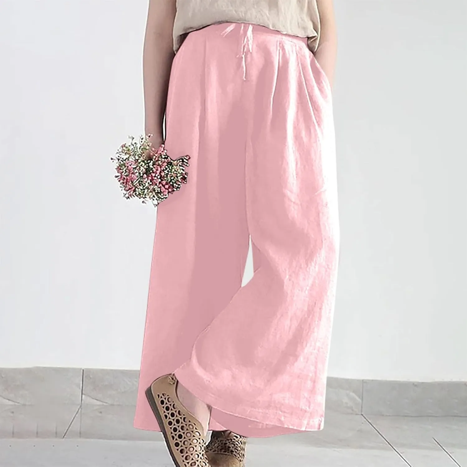 Lmdudan 2025 Wide Leg Work Pants for Women Drawstring Waist Travel Pants with Pockets Casual Lightweight Trousers Pants
