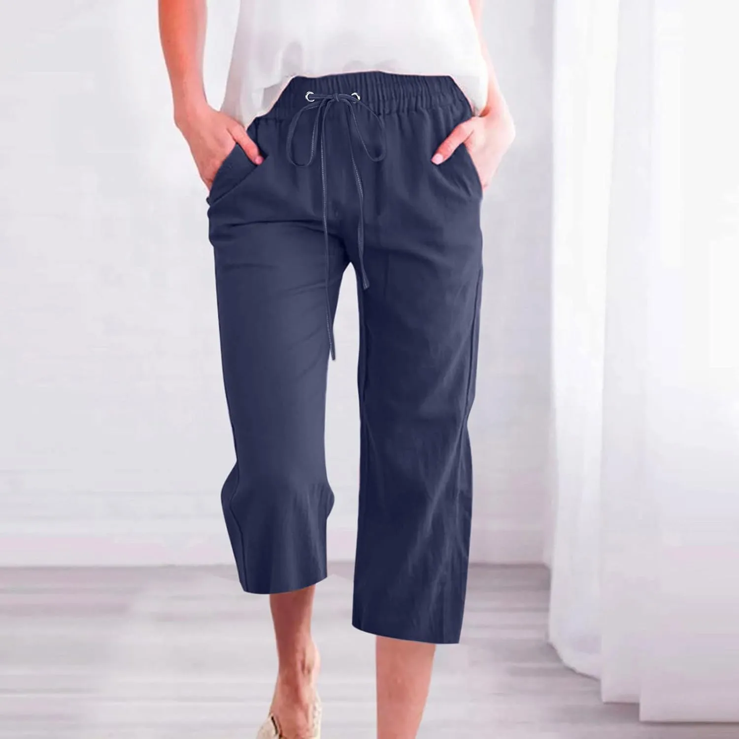Lmdudan Cotton Linen Capri Pants for Women Summer Drawstring Elastic High Waist Casual Pant Straight Wide Leg Cropped Trouser