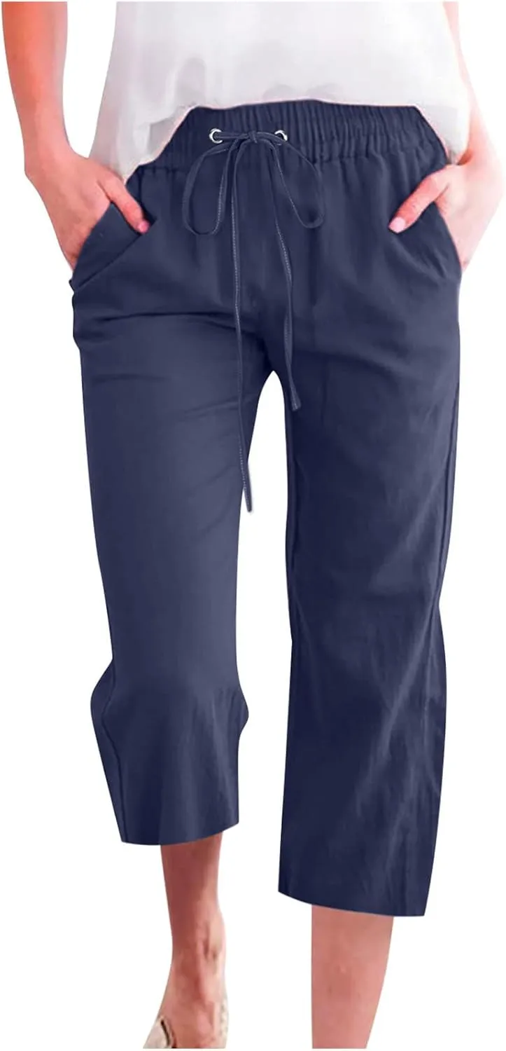 Lmdudan Cotton Linen Capri Pants for Women Summer Drawstring Elastic High Waist Casual Pant Straight Wide Leg Cropped Trouser