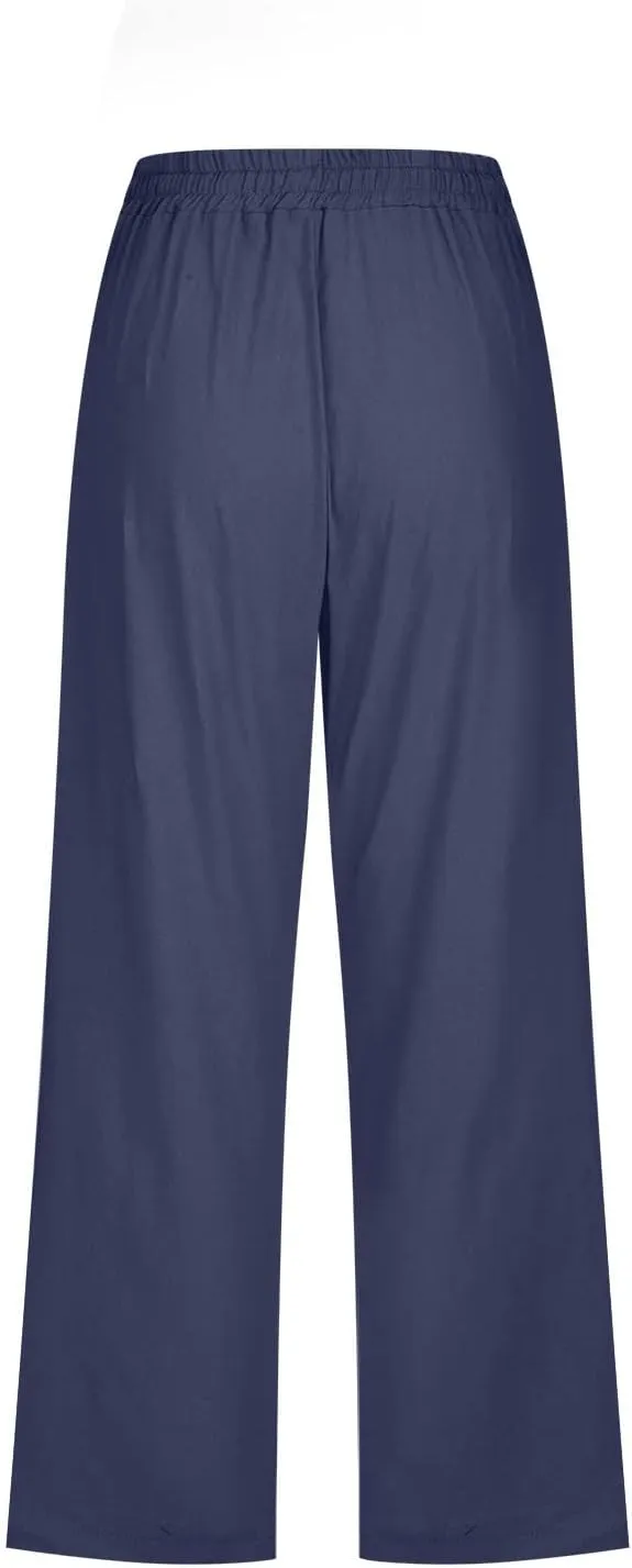 Lmdudan Cotton Linen Capri Pants for Women Summer Drawstring Elastic High Waist Casual Pant Straight Wide Leg Cropped Trouser