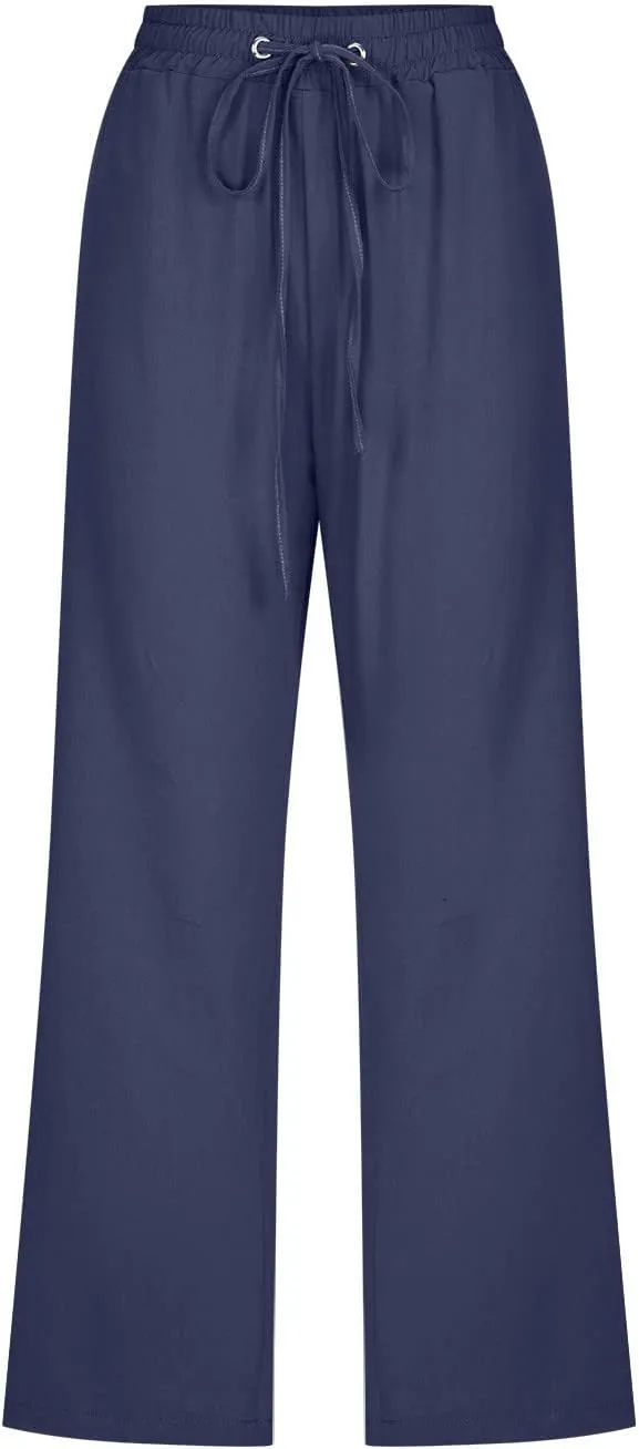 Lmdudan Cotton Linen Capri Pants for Women Summer Drawstring Elastic High Waist Casual Pant Straight Wide Leg Cropped Trouser