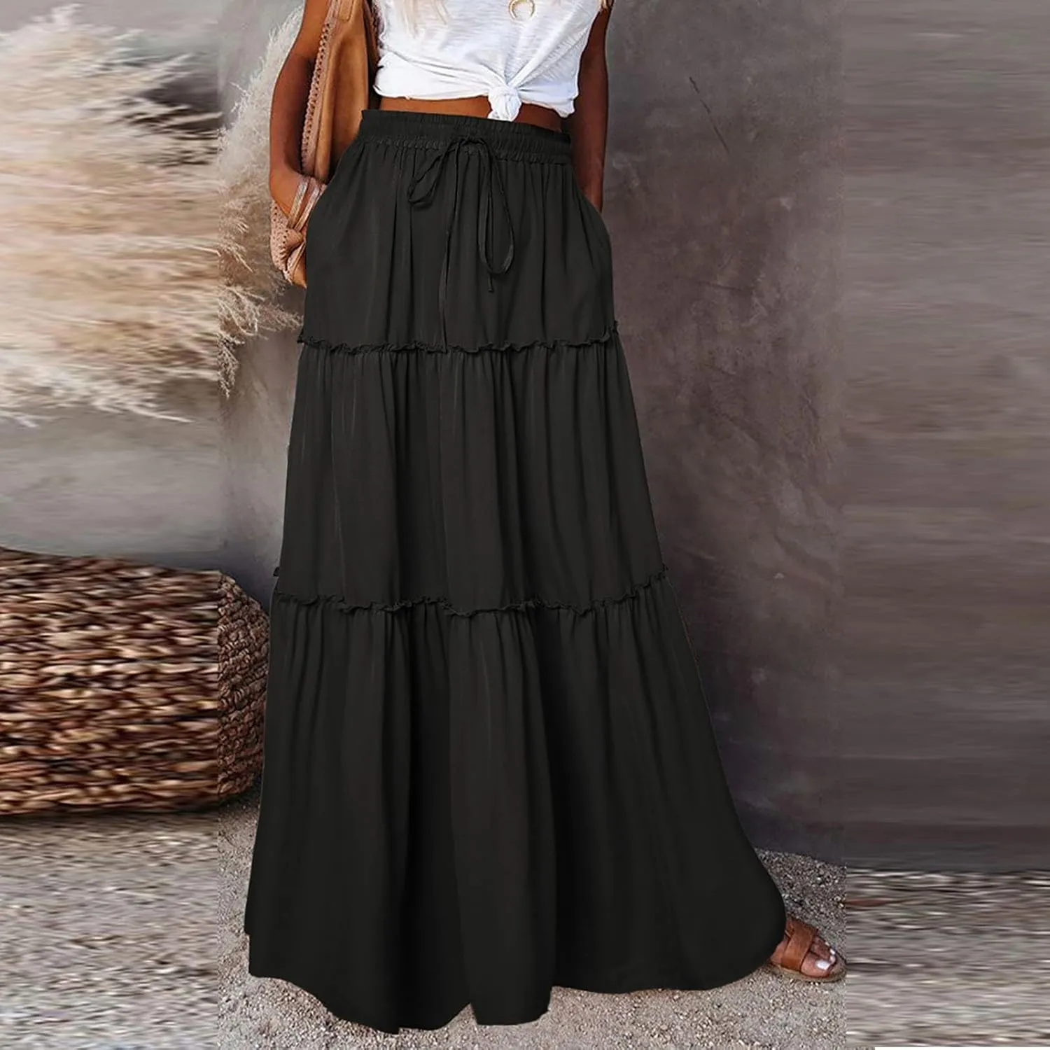 Long Skirts for Women Boho Floral High Waisted Casual A Line Skirt Pleated Beach Flowy Swing Maxi Skirts