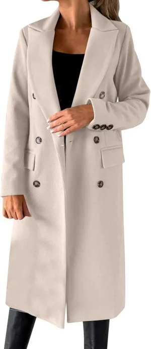 Long Winter Coats for Women Double Breasted Classic Lapel Outerwear Casual Trench Coat