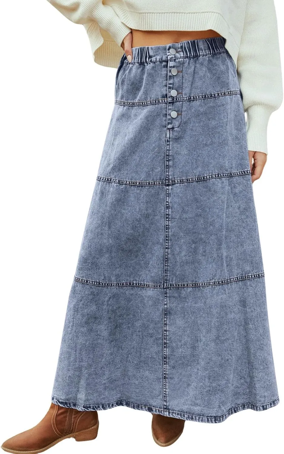 loveimgs Women Casual Denim Maxi Skirt Elastic High Waist Tiered A Line Long Jean Skirt Y2k Western Patchwork 2025