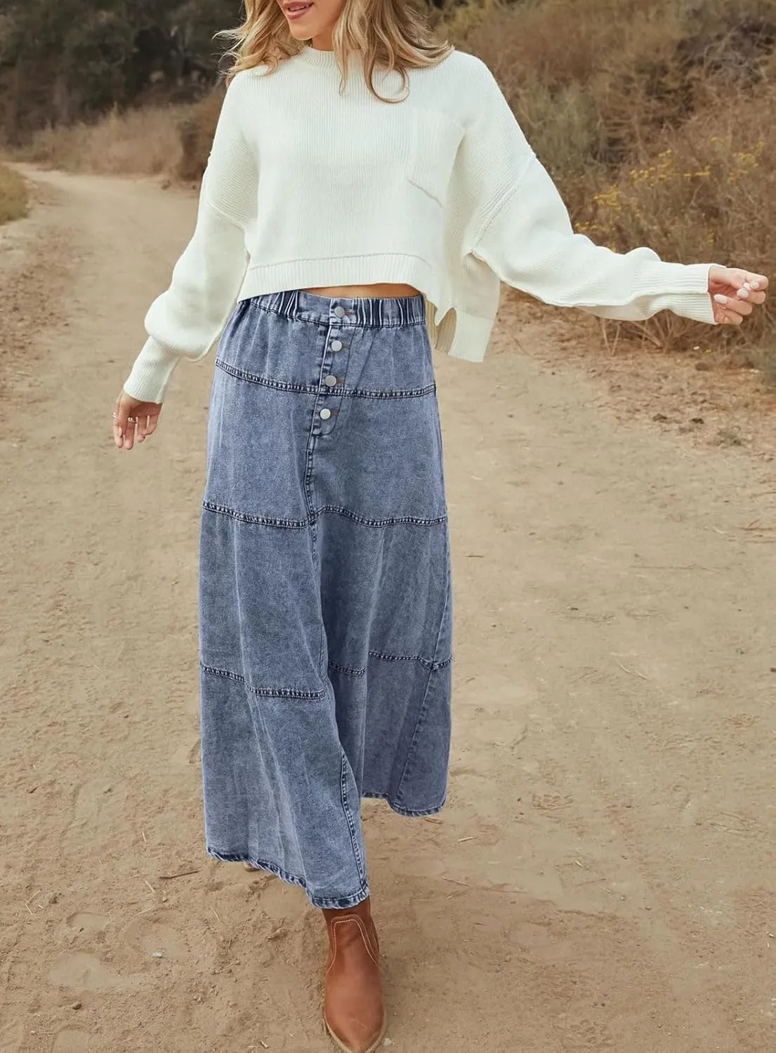 loveimgs Women Casual Denim Maxi Skirt Elastic High Waist Tiered A Line Long Jean Skirt Y2k Western Patchwork 2025