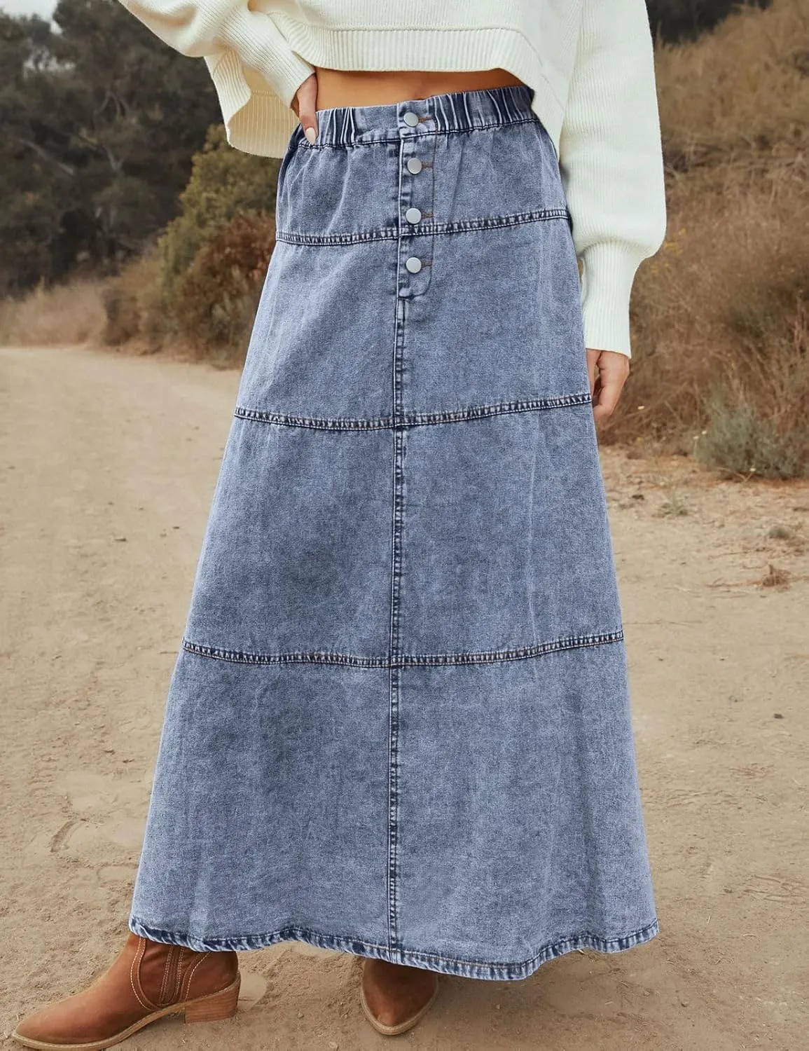 loveimgs Women Casual Denim Maxi Skirt Elastic High Waist Tiered A Line Long Jean Skirt Y2k Western Patchwork 2025