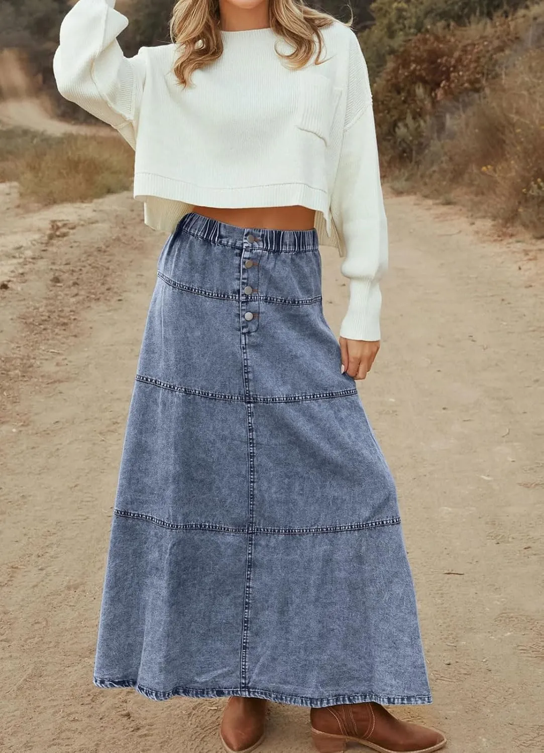 loveimgs Women Casual Denim Maxi Skirt Elastic High Waist Tiered A Line Long Jean Skirt Y2k Western Patchwork 2025