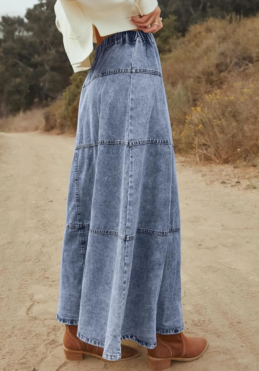 loveimgs Women Casual Denim Maxi Skirt Elastic High Waist Tiered A Line Long Jean Skirt Y2k Western Patchwork 2025