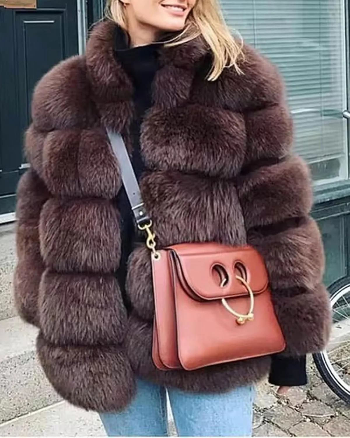 loveimgs Women Fluffy Faux Fur Coat Winter Fake Fur Leather Zip Up Teddy Coat Puffer Jacket Parka Elegant Warm Overcoat