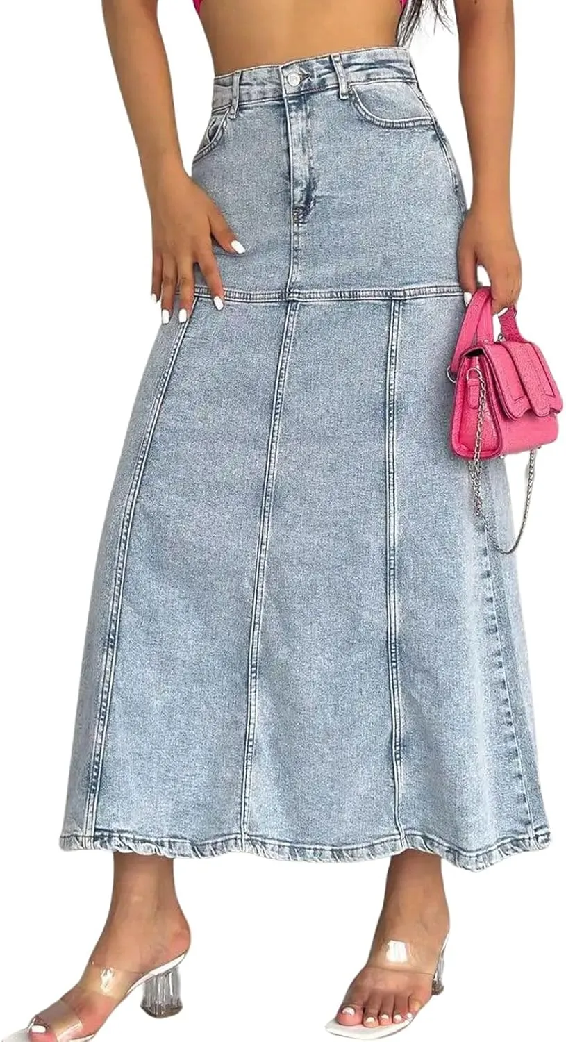 loveimgs Women Vintage Long Denim Skirt A Line Maxi Jean Skirt Y2k Patchwork High Waist Flare Skirt with Pocket