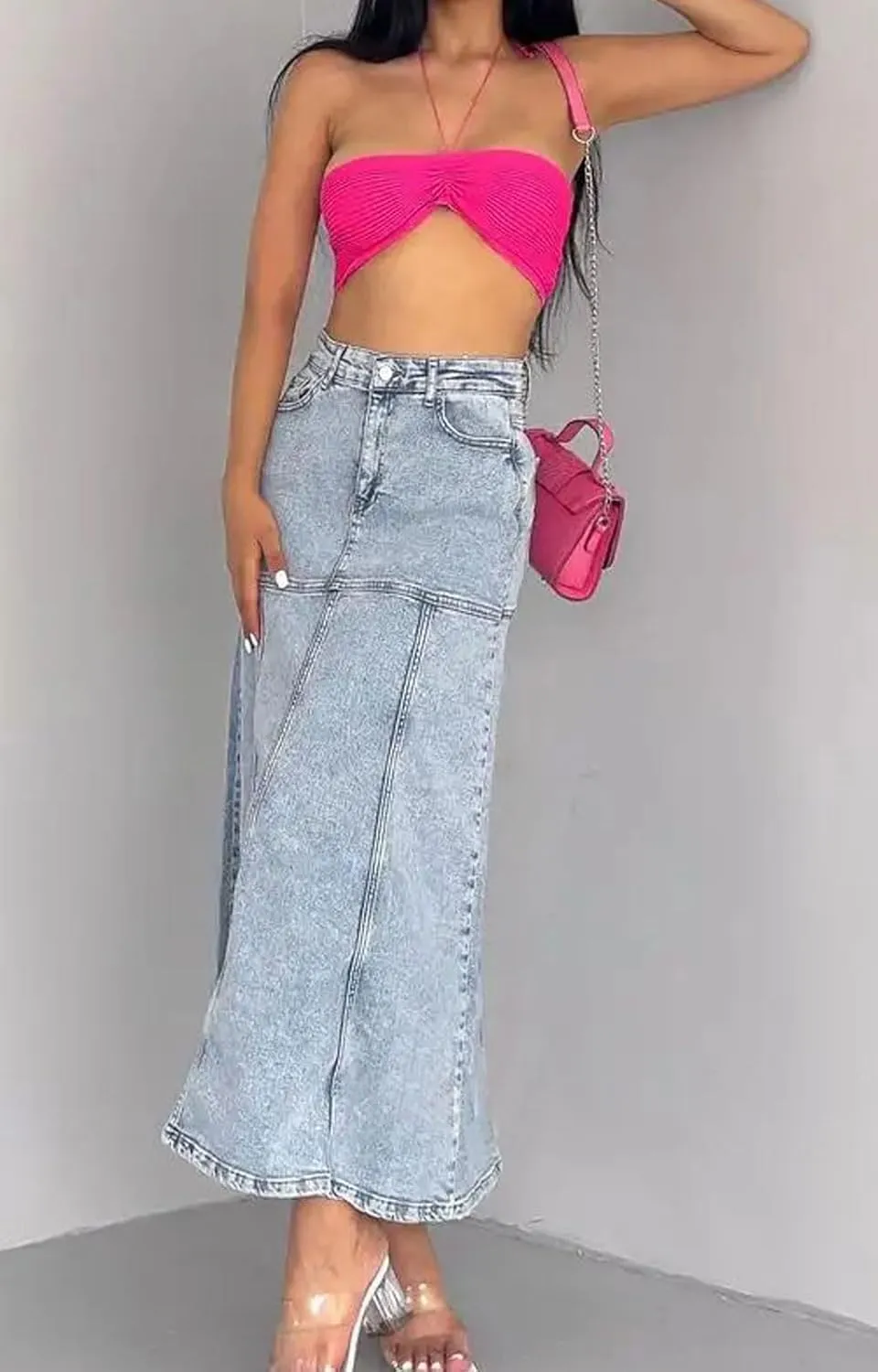 loveimgs Women Vintage Long Denim Skirt A Line Maxi Jean Skirt Y2k Patchwork High Waist Flare Skirt with Pocket
