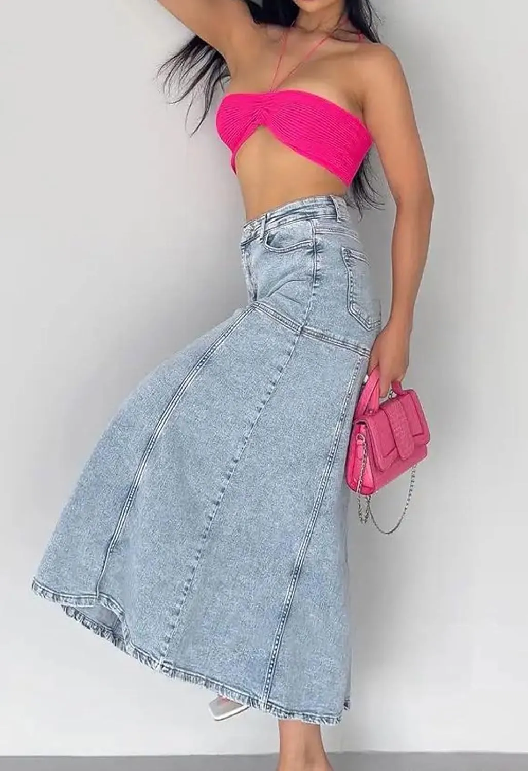 loveimgs Women Vintage Long Denim Skirt A Line Maxi Jean Skirt Y2k Patchwork High Waist Flare Skirt with Pocket