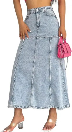 loveimgs Women Vintage Long Denim Skirt A Line Maxi Jean Skirt Y2k Patchwork High Waist Flare Skirt with Pocket