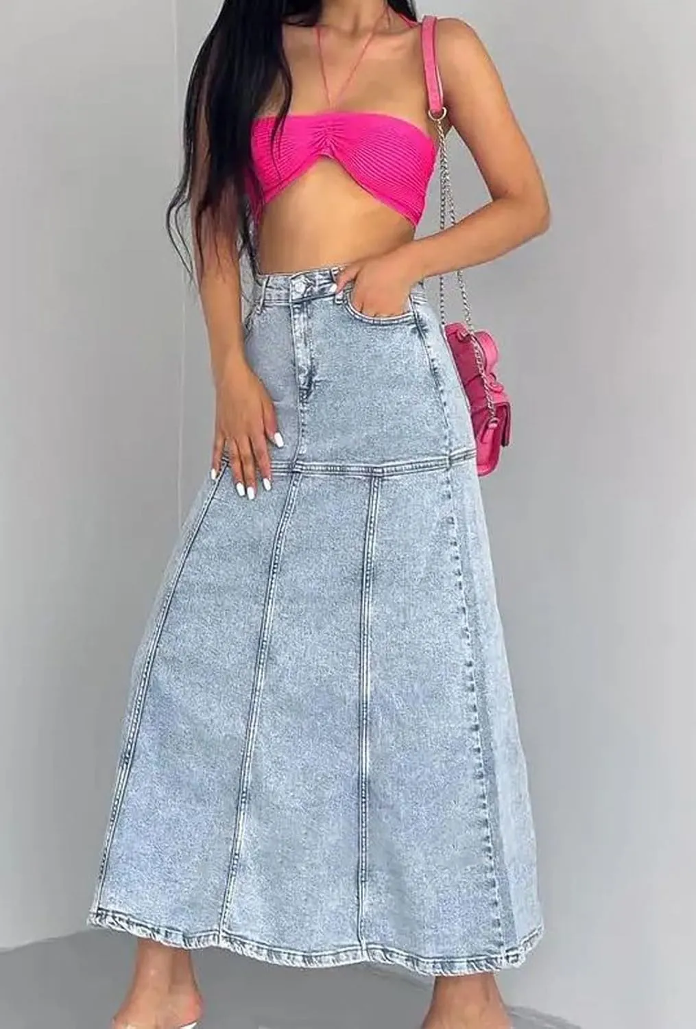 loveimgs Women Vintage Long Denim Skirt A Line Maxi Jean Skirt Y2k Patchwork High Waist Flare Skirt with Pocket