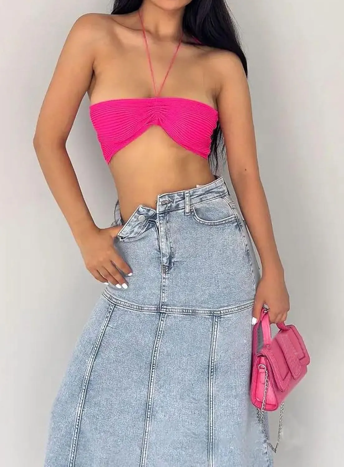 loveimgs Women Vintage Long Denim Skirt A Line Maxi Jean Skirt Y2k Patchwork High Waist Flare Skirt with Pocket