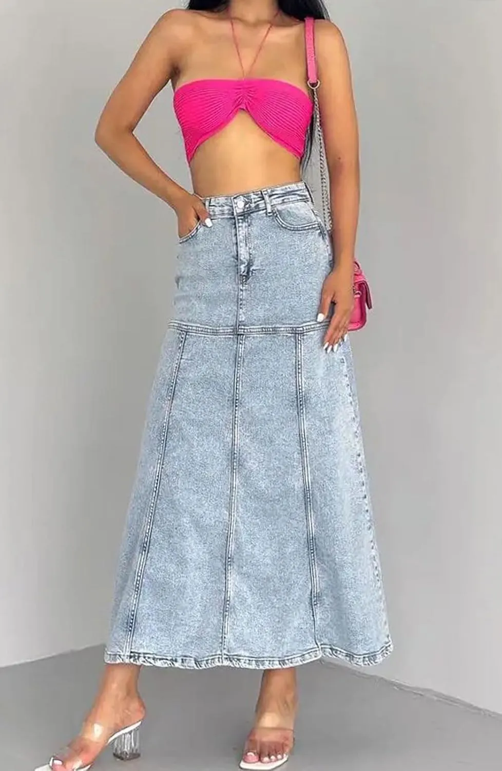 loveimgs Women Vintage Long Denim Skirt A Line Maxi Jean Skirt Y2k Patchwork High Waist Flare Skirt with Pocket