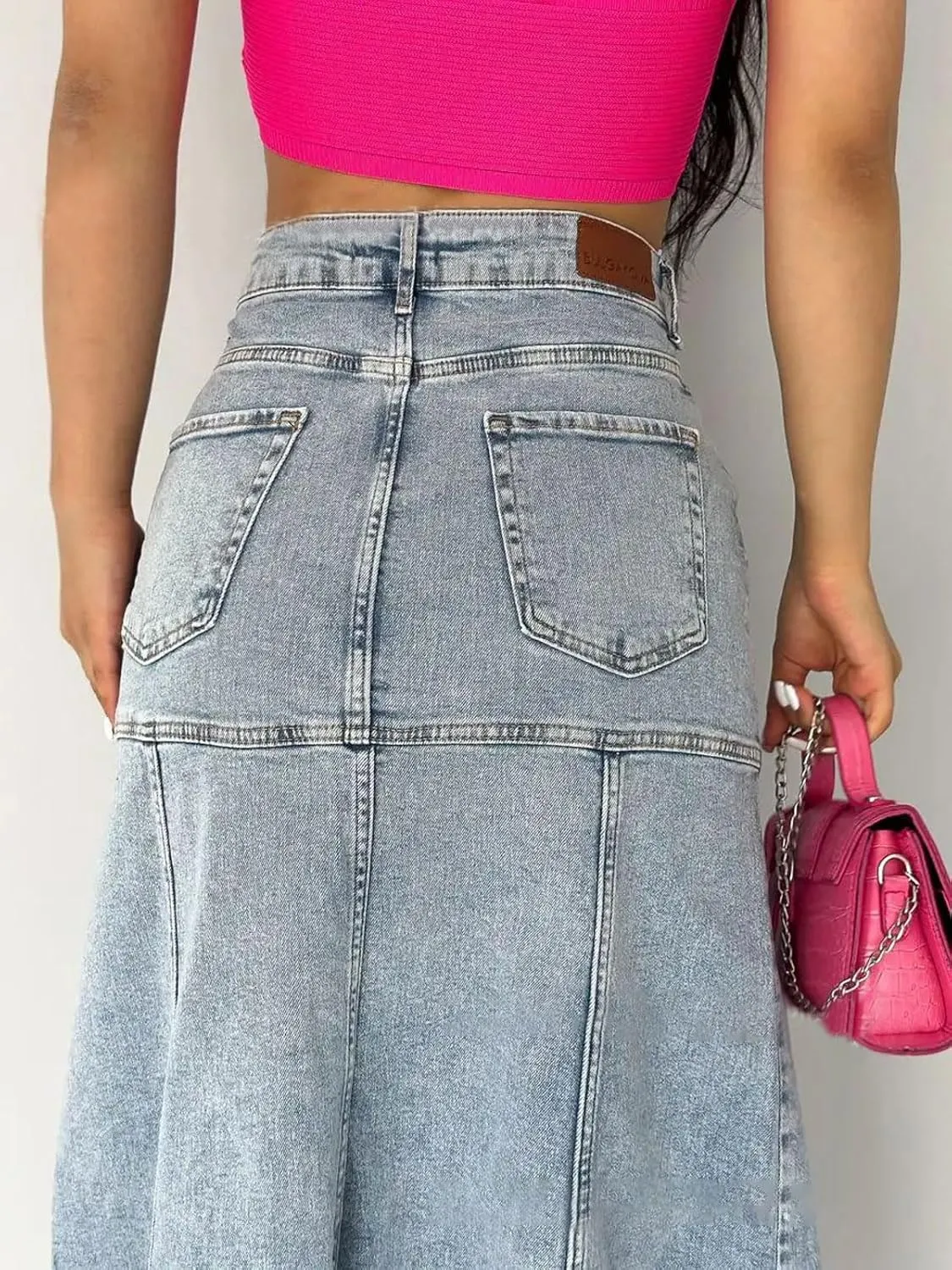 loveimgs Women Vintage Long Denim Skirt A Line Maxi Jean Skirt Y2k Patchwork High Waist Flare Skirt with Pocket