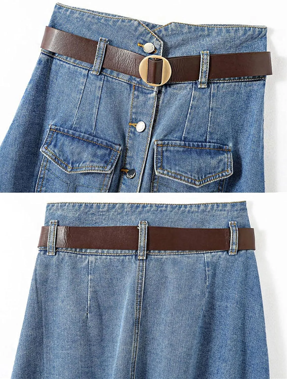 loveimgs Women Western Midi Denim Skirt High Waisted Mid Long Jean Skirt Y2k Button Up Flowy A Line Skirt Pocket Belt