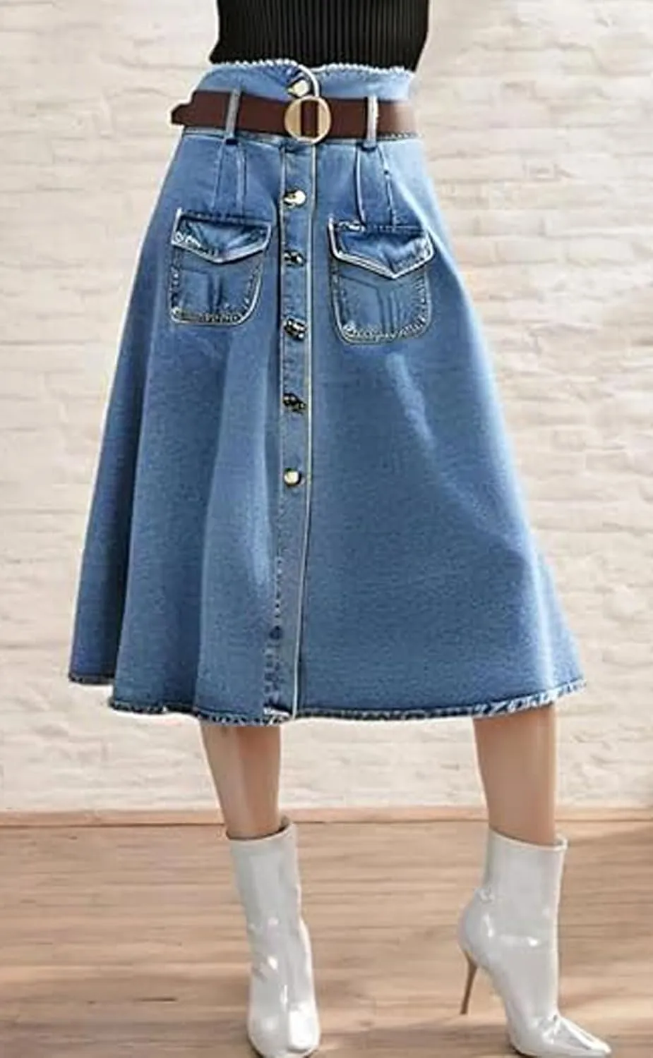 loveimgs Women Western Midi Denim Skirt High Waisted Mid Long Jean Skirt Y2k Button Up Flowy A Line Skirt Pocket Belt