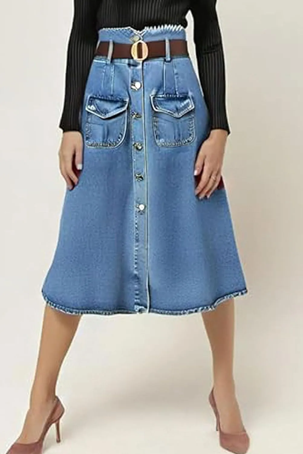 loveimgs Women Western Midi Denim Skirt High Waisted Mid Long Jean Skirt Y2k Button Up Flowy A Line Skirt Pocket Belt