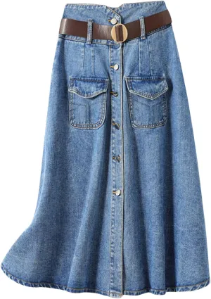 loveimgs Women Western Midi Denim Skirt High Waisted Mid Long Jean Skirt Y2k Button Up Flowy A Line Skirt Pocket Belt