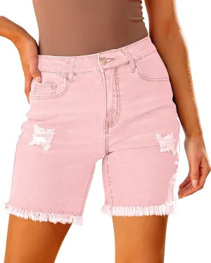 luvamia Jean Shorts for Women High Waisted Trendy Casual Distressed Stretchy Denim Long Shorts Ripped Raw Hem Shorts