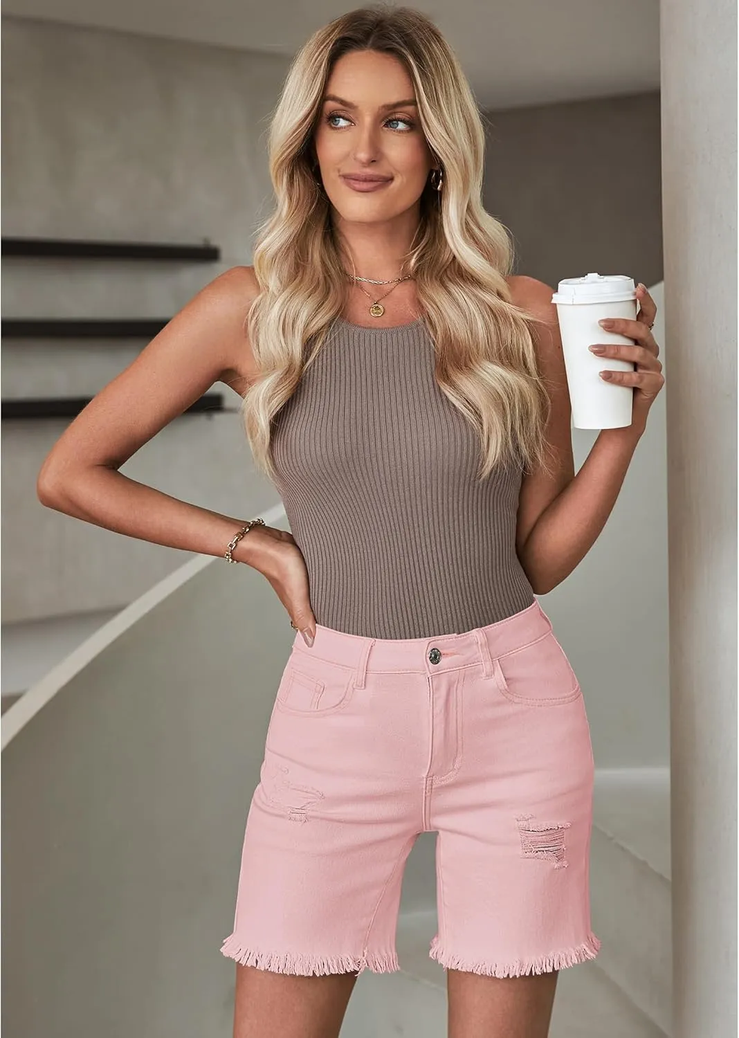 luvamia Jean Shorts for Women High Waisted Trendy Casual Distressed Stretchy Denim Long Shorts Ripped Raw Hem Shorts