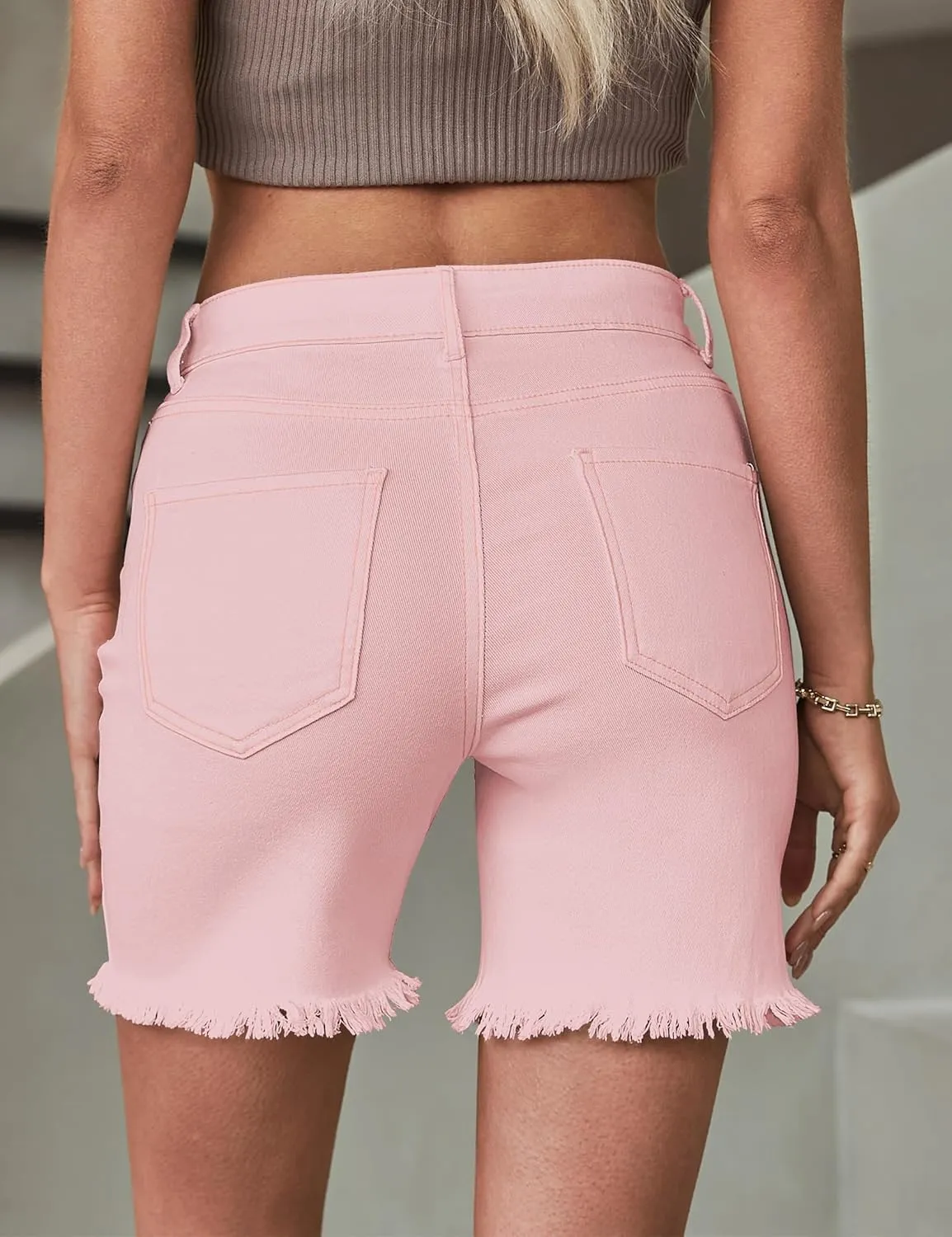 luvamia Jean Shorts for Women High Waisted Trendy Casual Distressed Stretchy Denim Long Shorts Ripped Raw Hem Shorts