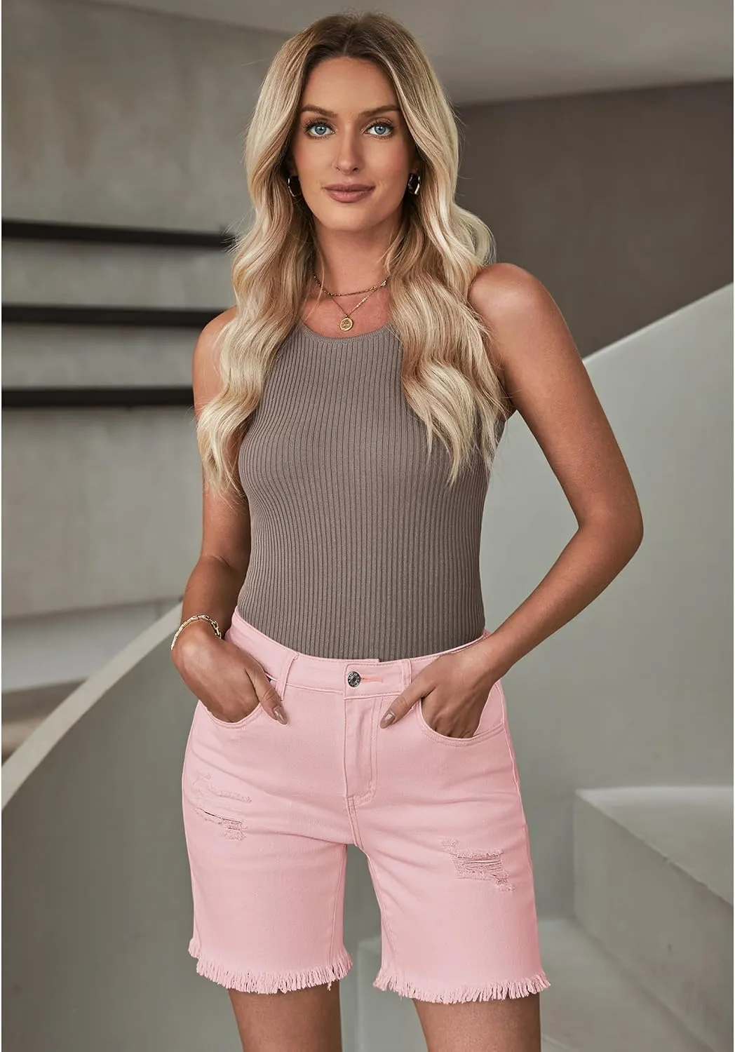 luvamia Jean Shorts for Women High Waisted Trendy Casual Distressed Stretchy Denim Long Shorts Ripped Raw Hem Shorts
