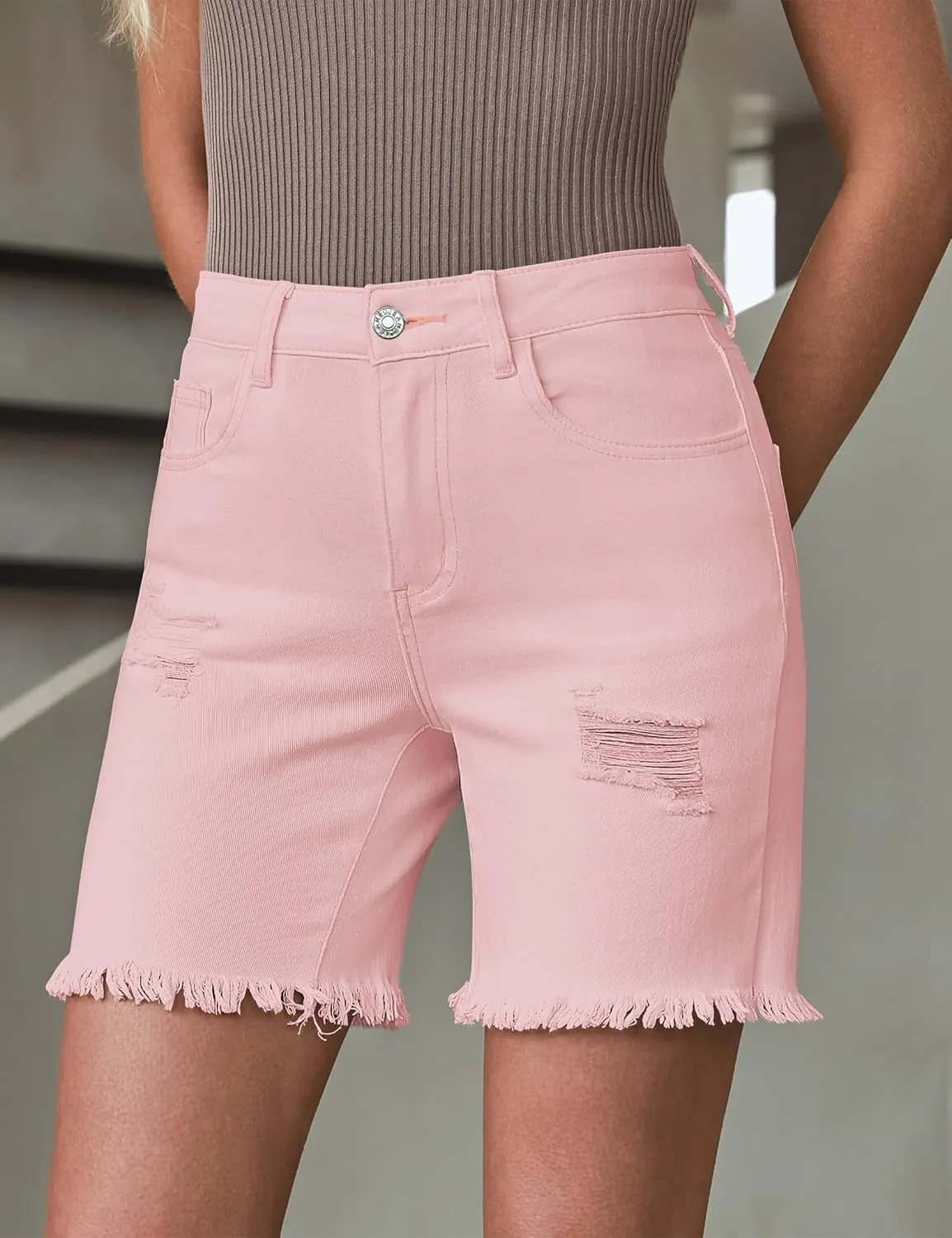 luvamia Jean Shorts for Women High Waisted Trendy Casual Distressed Stretchy Denim Long Shorts Ripped Raw Hem Shorts
