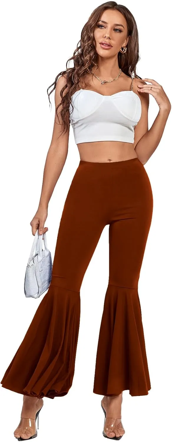 LYANER Women's Casual High Waist Ruffle Flare Pants Wide Leg Solid Stretchy Bell Bottom