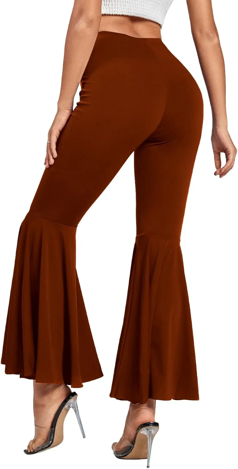 LYANER Women's Casual High Waist Ruffle Flare Pants Wide Leg Solid Stretchy Bell Bottom