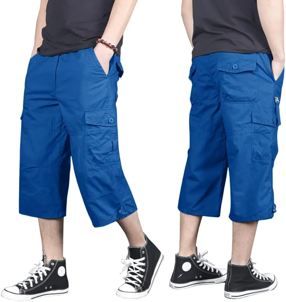 MAGNIVIT Men's Capri Long Elastic Cargo Shorts Below Knee Shorts 3/4 Cotton Cargo Casual Shorts with Multi-Pockets