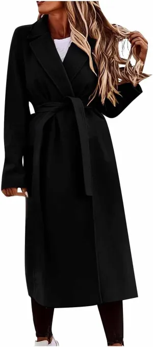 maisdgop Long Trench Coat for Women Winter Wool Open Front Windbreaker Trendy Long Sleeve Warm Lapel Overcoat with Pockets