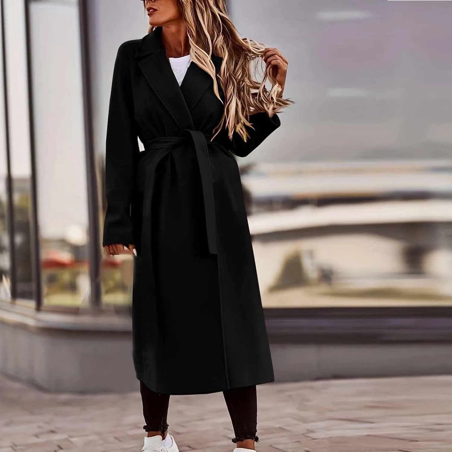 maisdgop Long Trench Coat for Women Winter Wool Open Front Windbreaker Trendy Long Sleeve Warm Lapel Overcoat with Pockets
