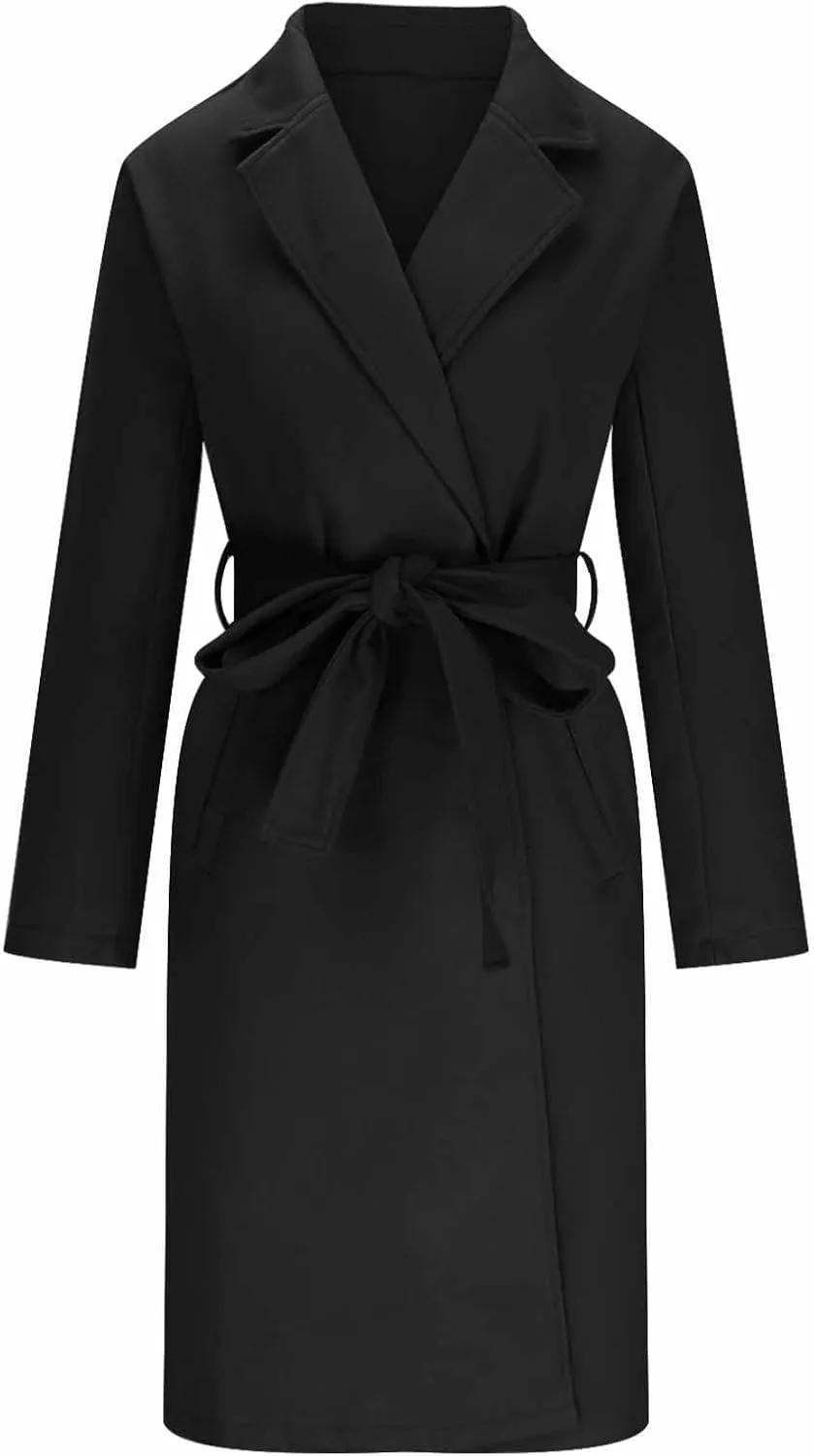 maisdgop Long Trench Coat for Women Winter Wool Open Front Windbreaker Trendy Long Sleeve Warm Lapel Overcoat with Pockets