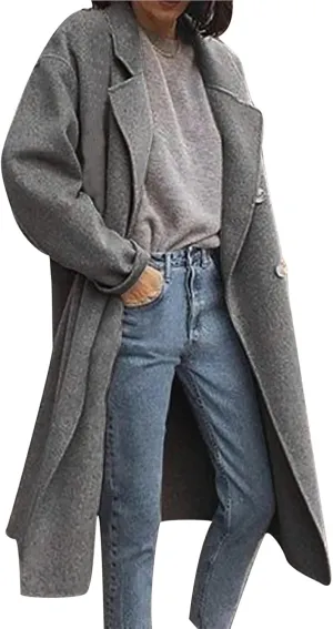 maisdgop Trench Coats for Women Classic Double Breasted Peacoat Long Sleeve Lapel Windbreaker Winter Woolen Cloth Jackets