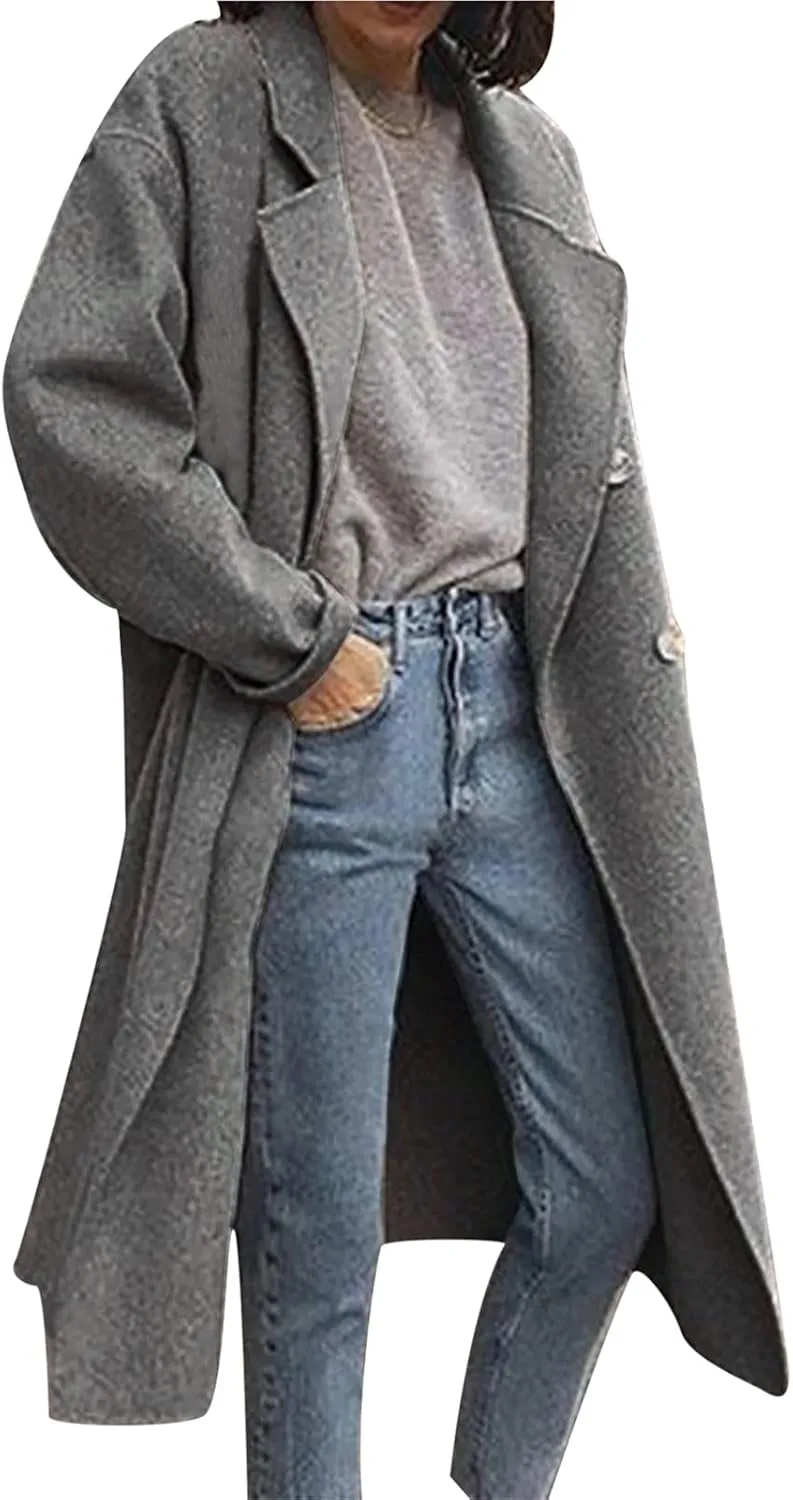 maisdgop Trench Coats for Women Classic Double Breasted Peacoat Long Sleeve Lapel Windbreaker Winter Woolen Cloth Jackets